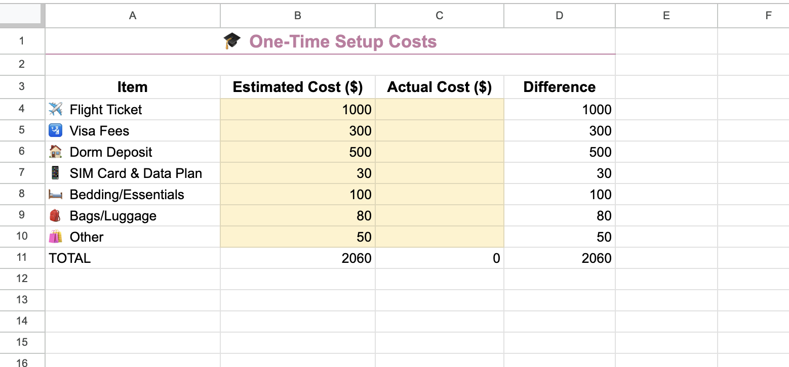 Setup Costs Tracker Screenshot